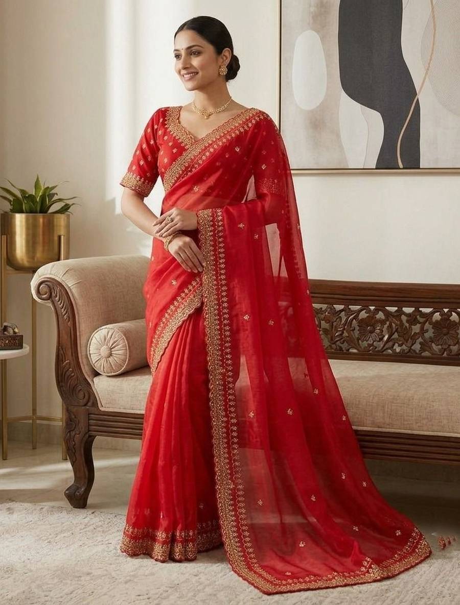 DESIGNER GMY SILK SEQUENCE EMBROIDERY AND CUT WORK BORDER SAREE WITH STITCHED BLOUSE WEDDING WEAR WHOLESALE PRICE ETHNIC GARMENT (2)