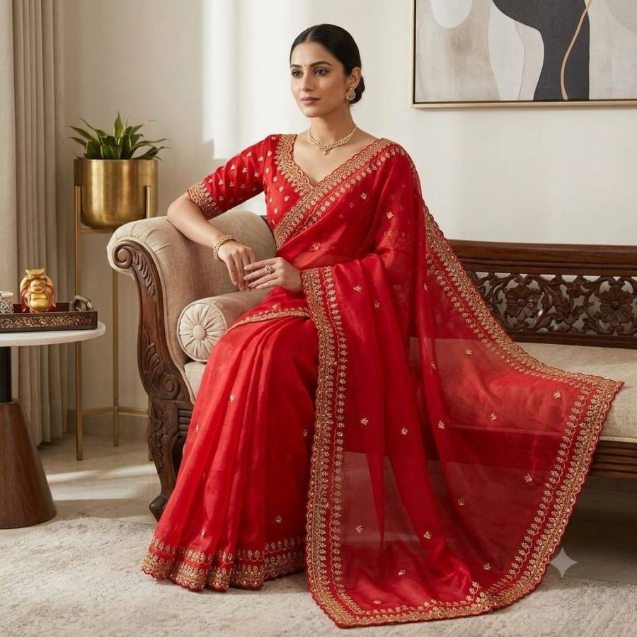 DESIGNER GMY SILK SEQUENCE EMBROIDERY AND CUT WORK BORDER SAREE WITH STITCHED BLOUSE WEDDING WEAR WHOLESALE PRICE ETHNIC GARMENT (3)