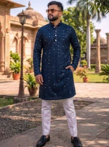 DESIGNER HEAVY FABRIC EMBROIDERY SEQUENCE WORK KURTA PAYJAMA SET NAVY BLUE
