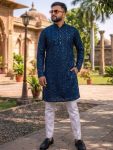 DESIGNER HEAVY FABRIC EMBROIDERY SEQUENCE WORK KURTA PAYJAMA SET NAVY BLUE