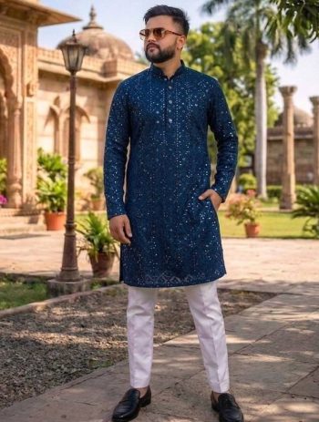 DESIGNER HEAVY FABRIC EMBROIDERY SEQUENCE WORK KURTA PAYJAMA SET NAVY BLUE