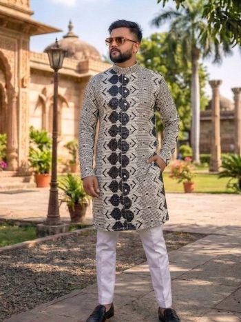 DESIGNER HEAVY FABRIC EMBROIDERY SEQUENCE WORK KURTA PAYJAMA SET BLACK WHITE