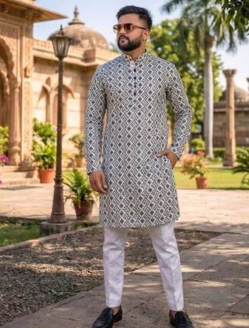 DESIGNER HEAVY FABRIC EMBROIDERY SEQUENCE WORK KURTA PAYJAMA SET WHITE BLACK