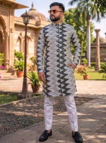 DESIGNER HEAVY FABRIC EMBROIDERY SEQUENCE WORK KURTA PAYJAMA SET WHITE BLACK