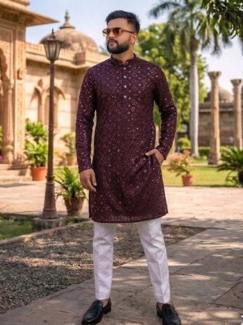 DESIGNER HEAVY FABRIC EMBROIDERY SEQUENCE WORK KURTA PAYJAMA SET WINE