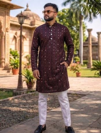 DESIGNER HEAVY FABRIC EMBROIDERY SEQUENCE WORK KURTA PAYJAMA SET WINE