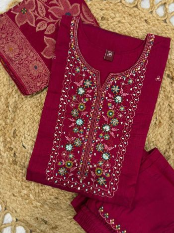 DESIGNER MANGO SILK MULTI EMBROIDERY SEQUENCE WITH HAND WORK TOP BOTTOM WITH DUPATTA PINK
