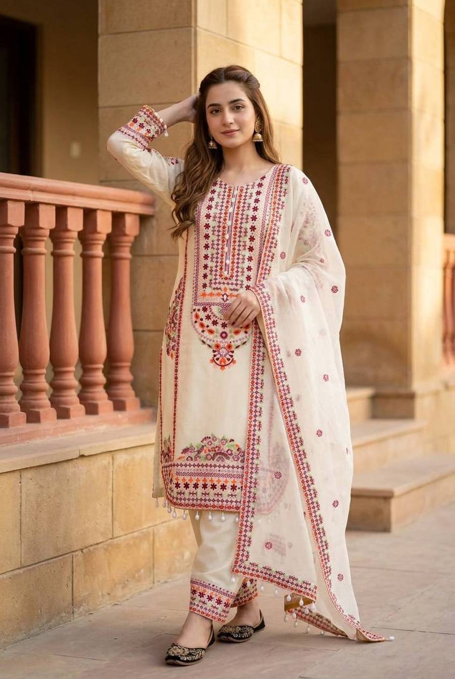 DESIGNER MUL CHANDERI EMBROIDERY SEQUENCE WITH REAL MIRROR HAND WORK AND FANCY LACE WORK TOP PALAZZO WITH DUPATTA FESTIVE WEAR WHOLESALE PRICE ETHNIC GARMENT (10)