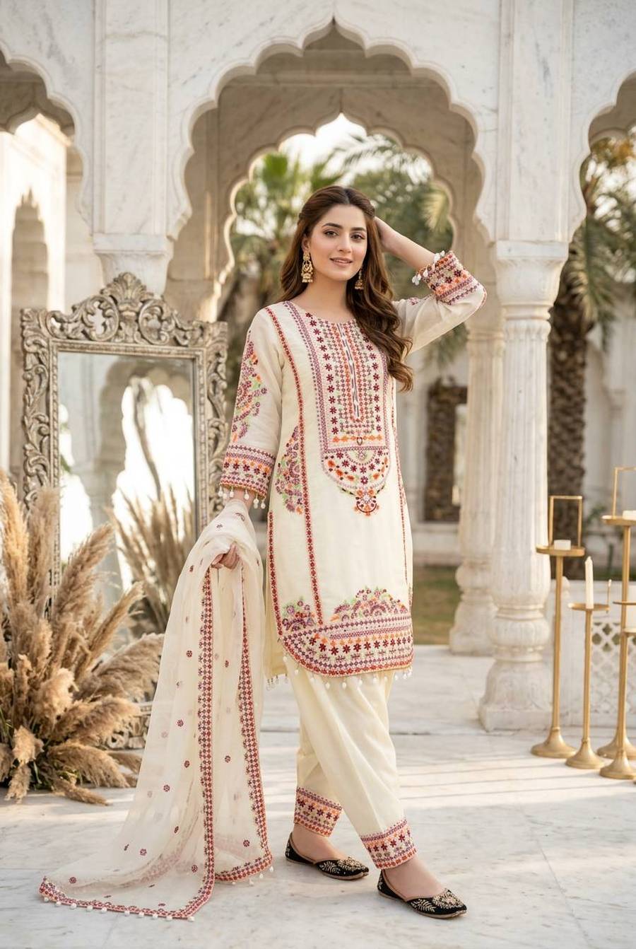 DESIGNER MUL CHANDERI EMBROIDERY SEQUENCE WITH REAL MIRROR HAND WORK AND FANCY LACE WORK TOP PALAZZO WITH DUPATTA FESTIVE WEAR WHOLESALE PRICE ETHNIC GARMENT (4)