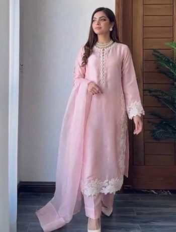 DESIGNER NATURAL SILK EMBROIDRY WORK WITH HEAVY PERAL MOTI HAND WORK TOP PALAZZO WITH DUPATTA BABY PINK