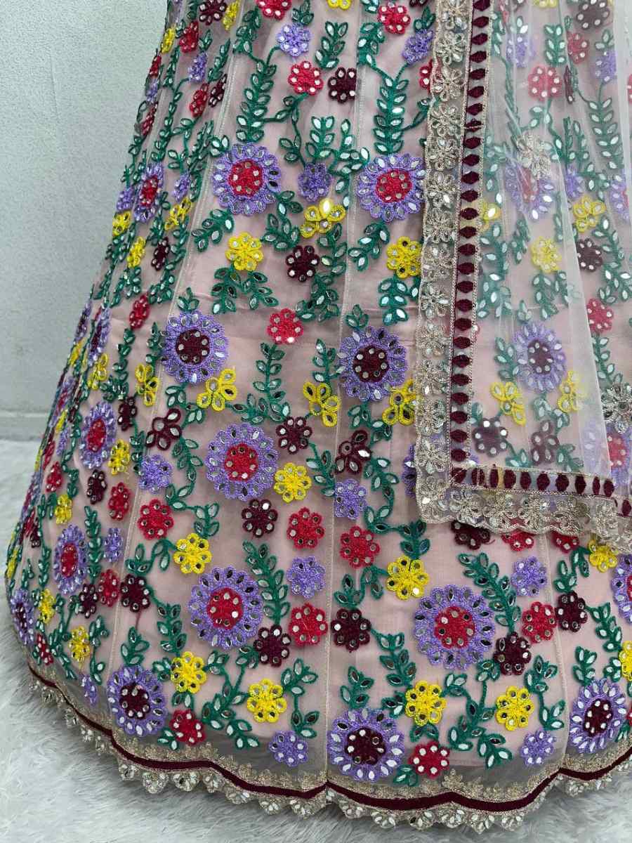 DESIGNER NET EMBROIDERY WITH REAL MIRROR WORK LEHENGA CHOLI WITH DUPATTA BRIDE WEAR WHOLESALE PRICE ETHNIC GARMENT (1)