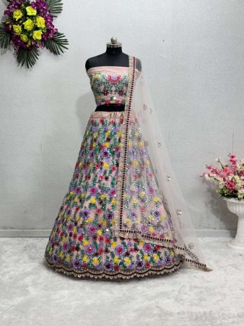 DESIGNER NET EMBROIDERY WITH REAL MIRROR WORK LEHENGA CHOLI WITH DUPATTA MULTI