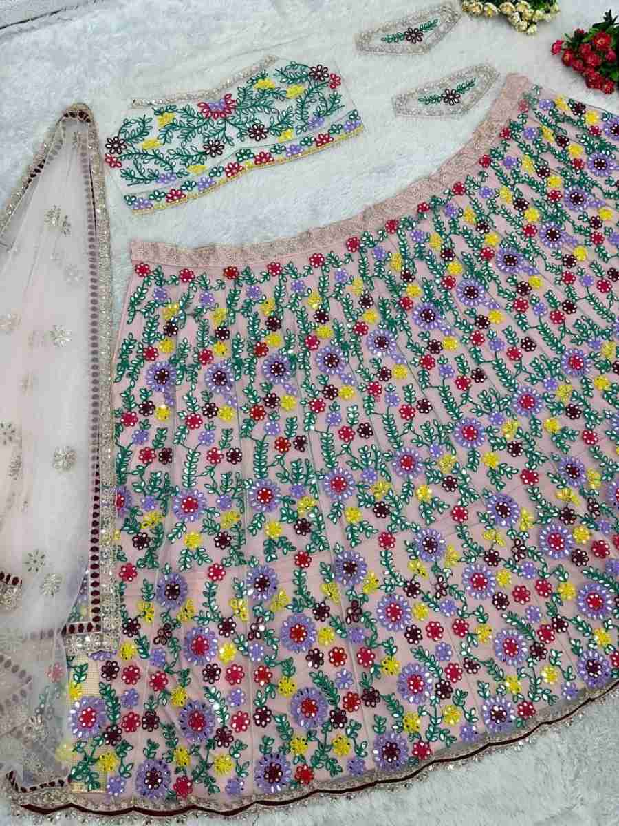 DESIGNER NET EMBROIDERY WITH REAL MIRROR WORK LEHENGA CHOLI WITH DUPATTA BRIDE WEAR WHOLESALE PRICE ETHNIC GARMENT (4)
