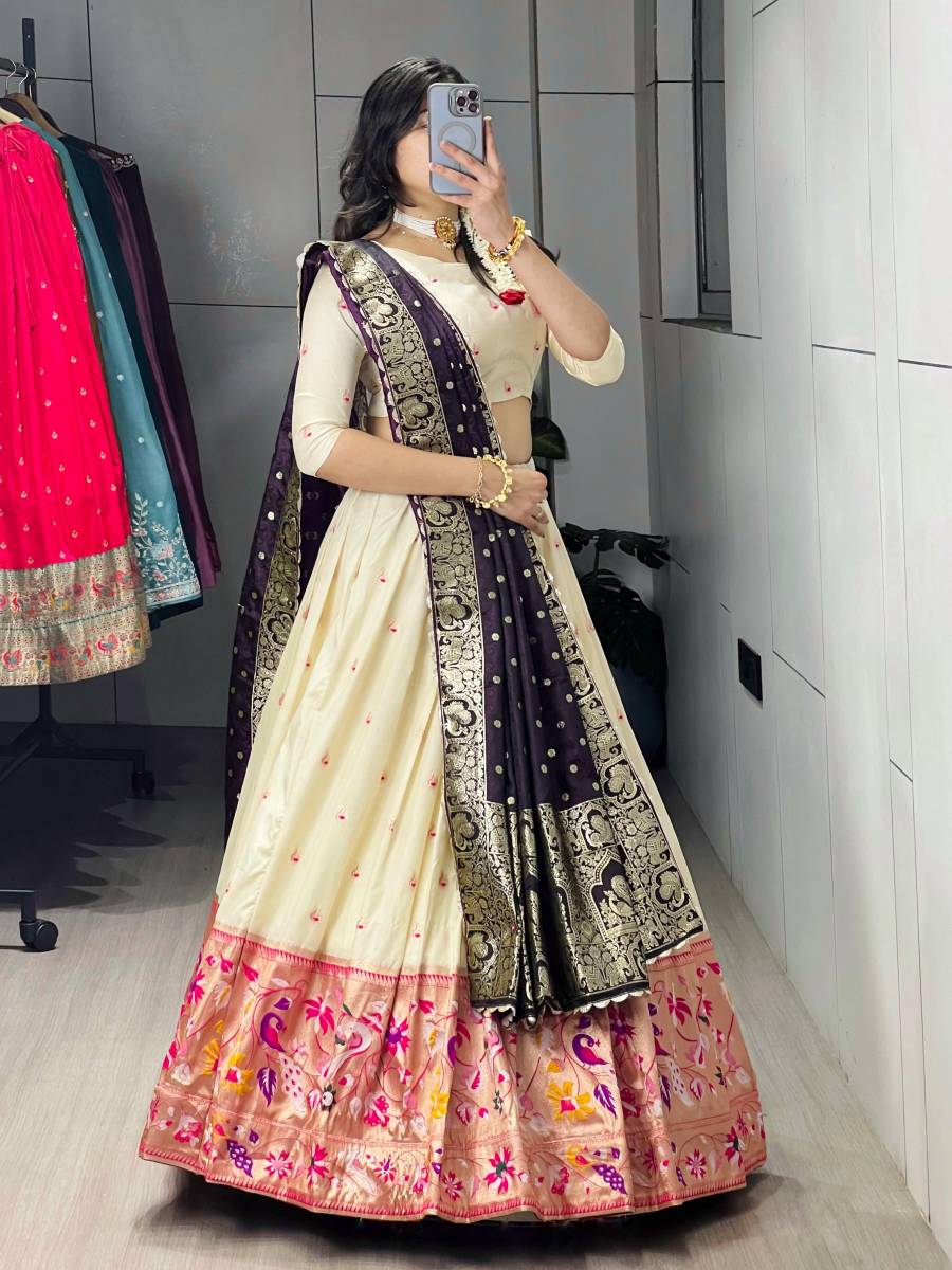 DESIGNER PAITHANI SILK ZARI WEAVING WORK WITH COLORED BORDER AND BUTTI WORK LEHENGA CHOLI WITH DUPATTA WEDDING WEAR WHOLESALE PRICE ETHNIC GARMENT (10)