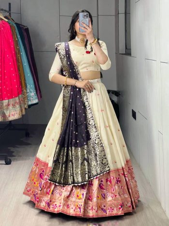 DESIGNER PAITHANI SILK ZARI WEAVING WORK WITH COLORED BORDER AND BUTTI WORK LEHENGA CHOLI WITH DUPATTA OFF WHITE AND PURPLE