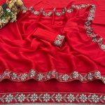 DESIGNER RANGOLI SILK EMBROIDERY SEQUENCE FANCY LACE BORDER WORK SAREE WITH UNSTITCHED BLOUSE RED
