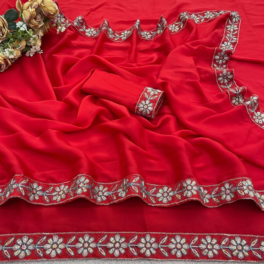 DESIGNER RANGOLI SILK EMBROIDERY SEQUENCE FANCY LACE BORDER WORK SAREE WITH UNSTITCHED BLOUSE WEDDING WEAR WHOLESALE PRICE ETHNIC GARMENT (1)
