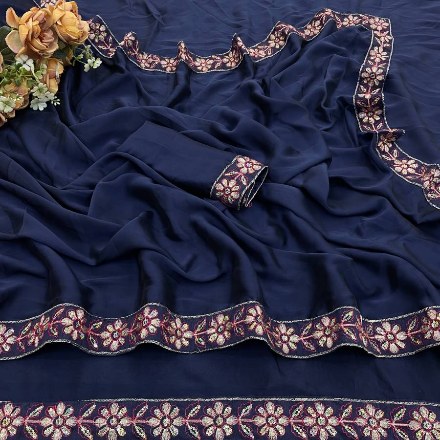 DESIGNER RANGOLI SILK EMBROIDERY SEQUENCE FANCY LACE BORDER WORK SAREE WITH UNSTITCHED BLOUSE WEDDING WEAR WHOLESALE PRICE ETHNIC GARMENT (2)