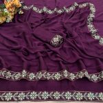 DESIGNER RANGOLI SILK EMBROIDERY SEQUENCE FANCY LACE BORDER WORK SAREE WITH UNSTITCHED BLOUSE WINE