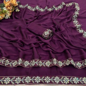 DESIGNER RANGOLI SILK EMBROIDERY SEQUENCE FANCY LACE BORDER WORK SAREE WITH UNSTITCHED BLOUSE WINE