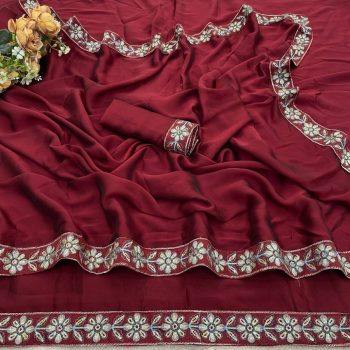 DESIGNER RANGOLI SILK EMBROIDERY SEQUENCE FANCY LACE BORDER WORK SAREE WITH UNSTITCHED BLOUSE MAROON