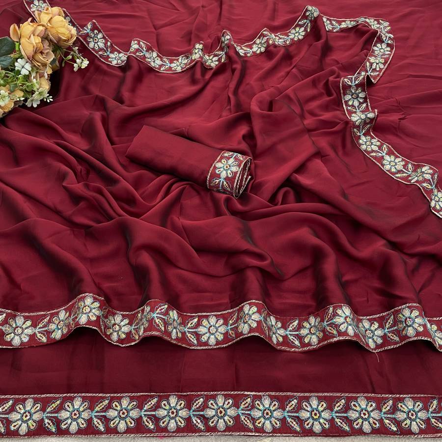 DESIGNER RANGOLI SILK EMBROIDERY SEQUENCE FANCY LACE BORDER WORK SAREE WITH UNSTITCHED BLOUSE WEDDING WEAR WHOLESALE PRICE ETHNIC GARMENT (4)