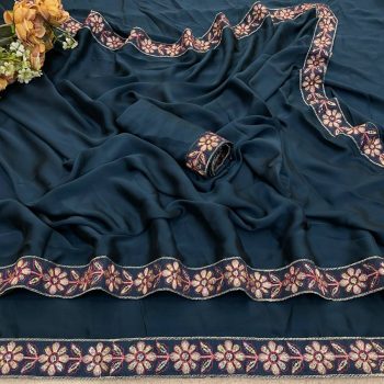DESIGNER RANGOLI SILK EMBROIDERY SEQUENCE FANCY LACE BORDER WORK SAREE WITH UNSTITCHED BLOUSE TEAL