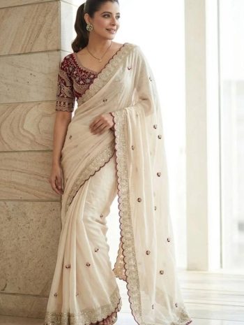 DESIGNER RANGOLI SILK SEQUENCE EMBROIDERY WORK SAREE WITH UNSTITCHED BLOUSE OFF WHITE AND MAROON