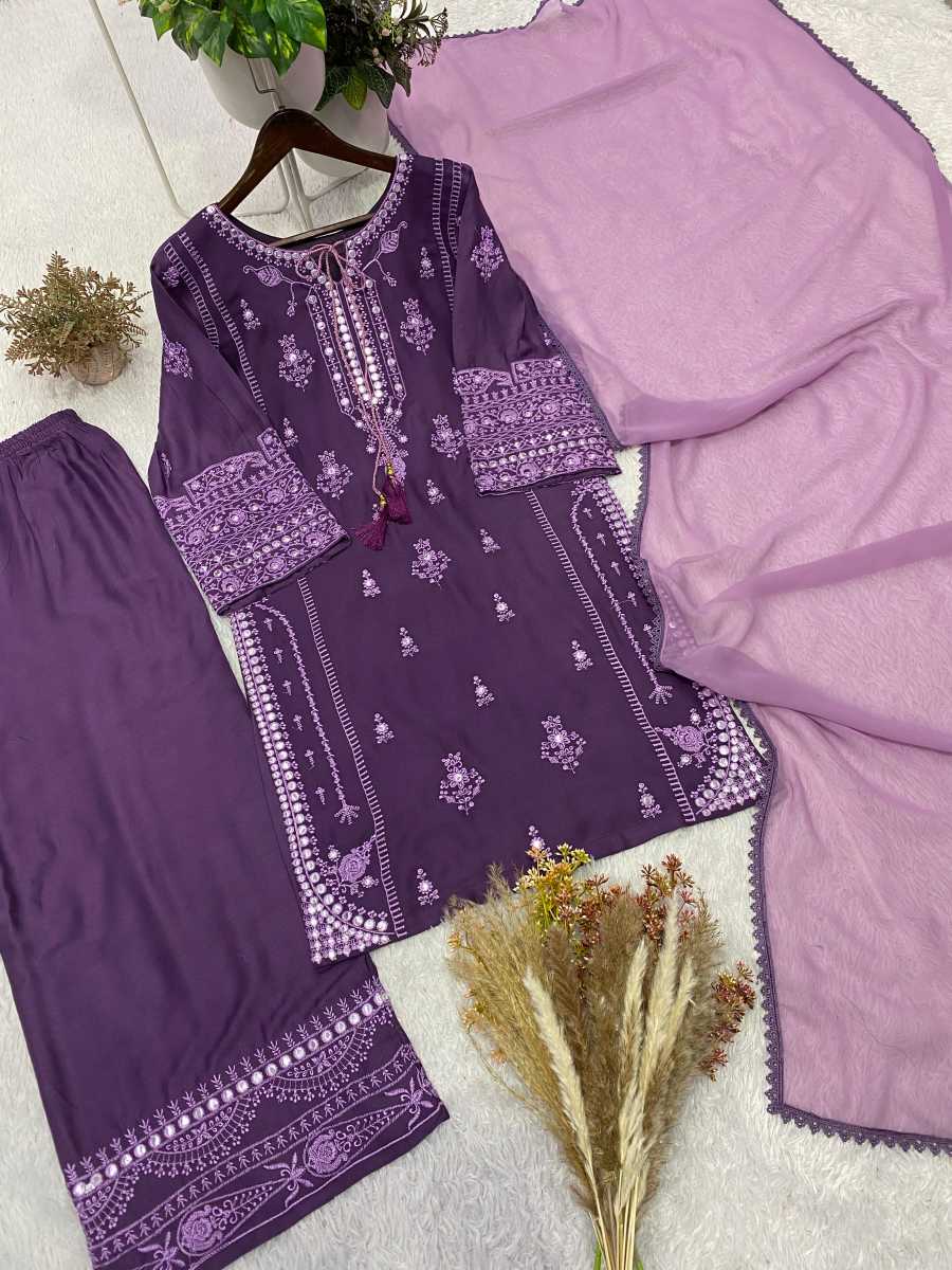 DESIGNER RAYON EMBROIDERY WORK WITH PAPER WORK MIRROR EFFECT WORK TOP PALAZZO WITH DUPATTA FESTIVE WEAR WHOLESALE PRICE ETHNIC GARMENT (4)