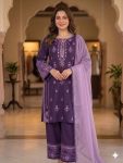 DESIGNER RAYON EMBROIDERY WORK WITH PAPER WORK MIRROR EFFECT WORK TOP PALAZZO WITH DUPATTA PURPLE