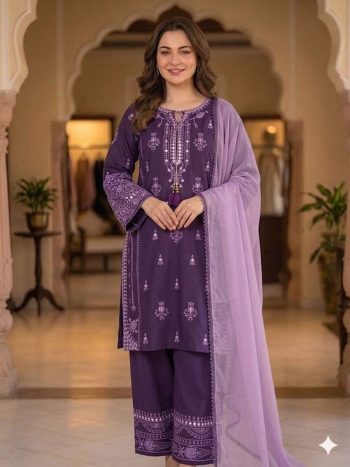 DESIGNER RAYON EMBROIDERY WORK WITH PAPER WORK MIRROR EFFECT WORK TOP PALAZZO WITH DUPATTA PURPLE