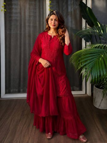 DESIGNER RAYON THREAD EMBROIDERY WORK TOP SHARARA WITH DUPATTA RED