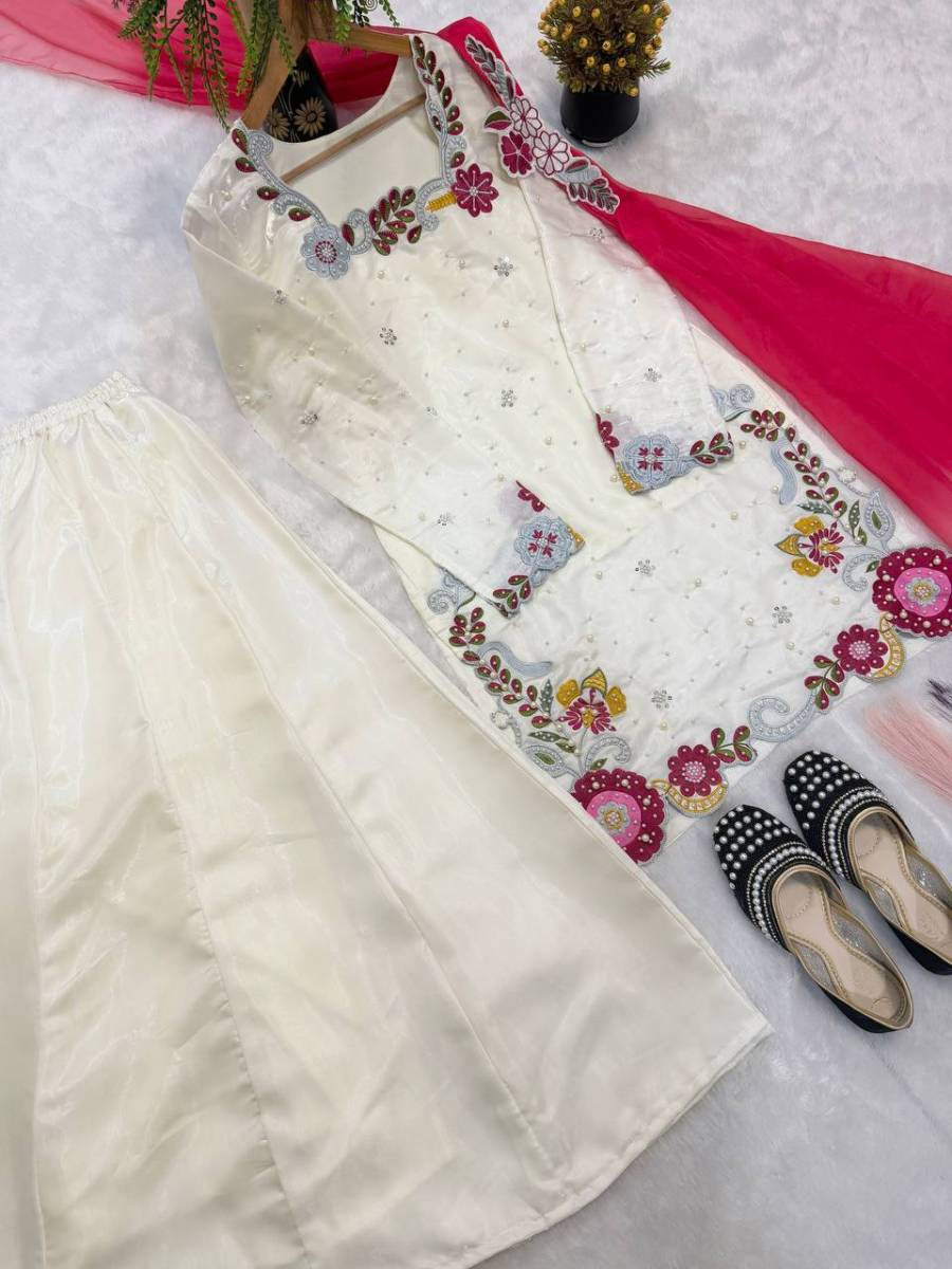 DESIGNER ROMAN GLASS SILK MULTI EMBROIDERY AND BEADS MOTI WORK TOP PALAZZO WITH DUPATTA FESTIVE WEAR WHOLESALE PRICE ETHNIC GARMENT (10)