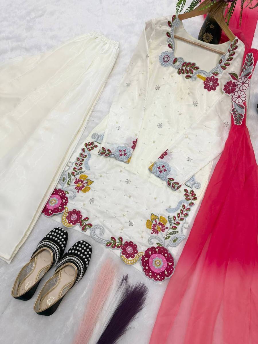 DESIGNER ROMAN GLASS SILK MULTI EMBROIDERY AND BEADS MOTI WORK TOP PALAZZO WITH DUPATTA FESTIVE WEAR WHOLESALE PRICE ETHNIC GARMENT (12)