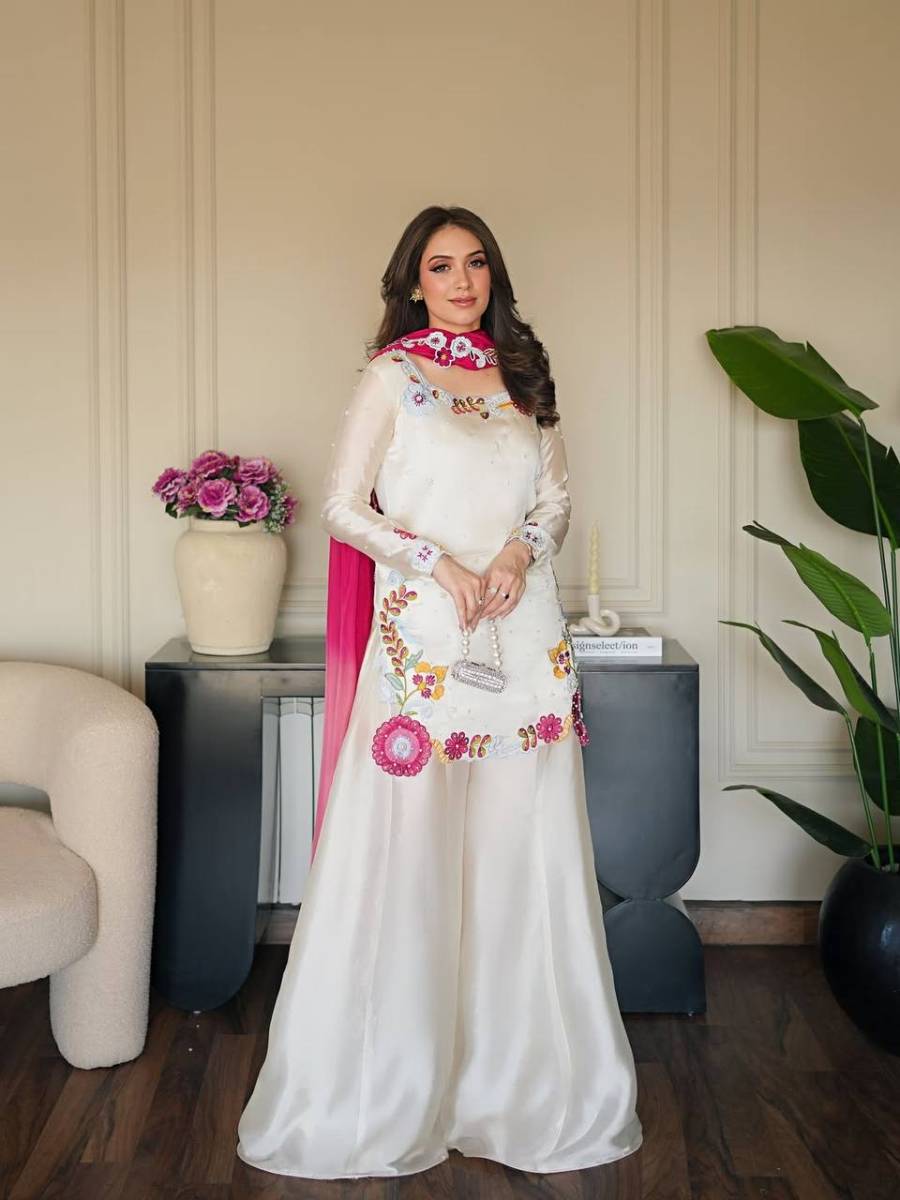 DESIGNER ROMAN GLASS SILK MULTI EMBROIDERY AND BEADS MOTI WORK TOP PALAZZO WITH DUPATTA FESTIVE WEAR WHOLESALE PRICE ETHNIC GARMENT (8)