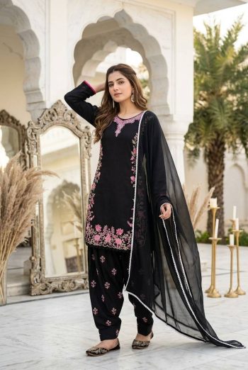 DESIGNER ROMAN SILK EMBROIDERY WORK WITH FANCY LACE BORDER WORK TOP PATIYALA WITH DUPATTA BLACK