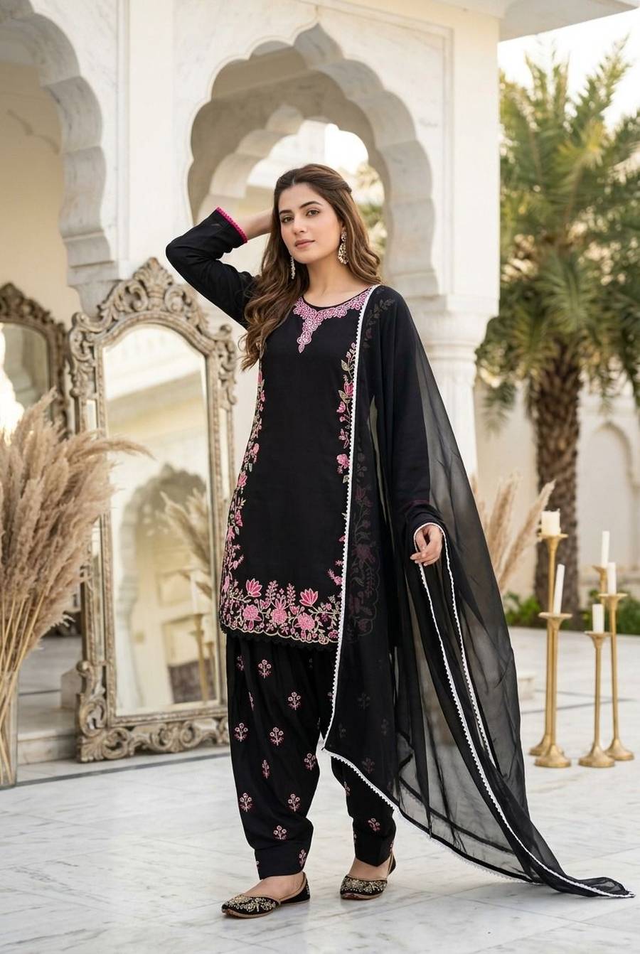 DESIGNER ROMAN SILK EMBROIDERY WORK WITH FANCY LACE BORDER WORK TOP PATIYALA WITH DUPATTA FESTIVE WEAR WHOLESALE PRICE ETHNIC GARMENT (6)