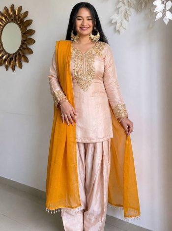 DESIGNER SATIN GLASS EMBROIDERY THREAD WORK WITH MOTI WORK TOP PATIYALA WITH DUPATTA CREAM AND YELLOW