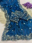 DESIGNER SATIN SILK SEQUENCE AND ZARI EMBROIDERY WORK WITH CUTWORK BORDER SAREE WITH STITCHED BLOUSE WEDDING WEAR WHOLESALE PRICE ETHNIC GARMENT (12)