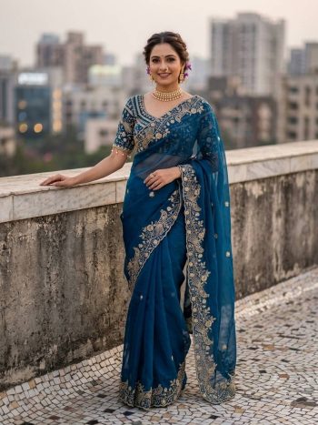 DESIGNER SATIN SILK SEQUENCE AND ZARI EMBROIDERY WORK WITH CUTWORK BORDER SAREE WITH STITCHED BLOUSE BLUE