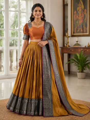 DESIGNER SILK WOVEN WORK LEHENGA CHOLI WITH DUPATTA MUSTARD