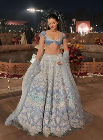 DESIGNER SLUB SILK RESHAM DORI & RAINBOW SEQUENCE WORK LEHENGA CHOLI WITH DUPATTA SKY