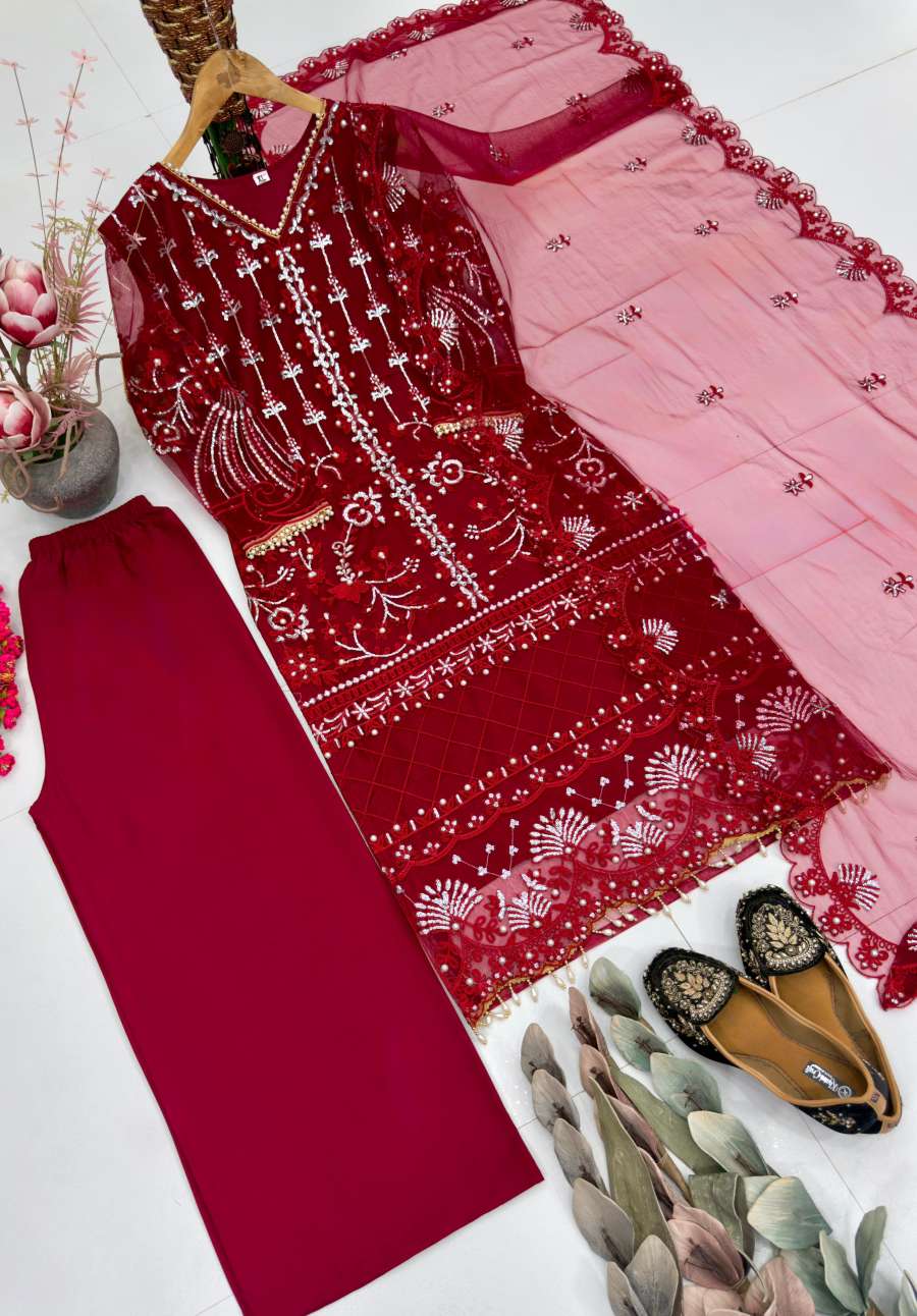 DESIGNER SOFT NET SEQUENCE WITH PEARL HAND WORK TOP PALAZZO WITH DUPATTA FESTIVE WEAR WHOLESALE PRICE ETHNIC GARMENT (1)