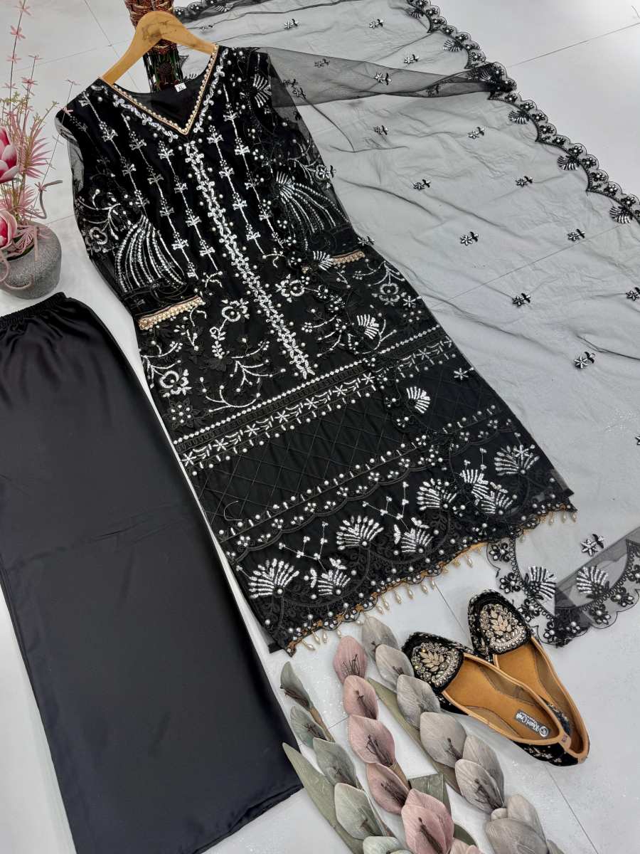 DESIGNER SOFT NET SEQUENCE WITH PEARL HAND WORK TOP PALAZZO WITH DUPATTA FESTIVE WEAR WHOLESALE PRICE ETHNIC GARMENT (1)