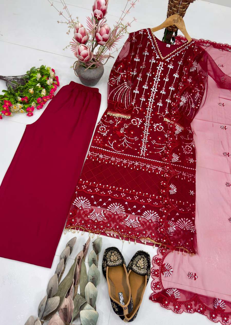 DESIGNER SOFT NET SEQUENCE WITH PEARL HAND WORK TOP PALAZZO WITH DUPATTA FESTIVE WEAR WHOLESALE PRICE ETHNIC GARMENT (11)