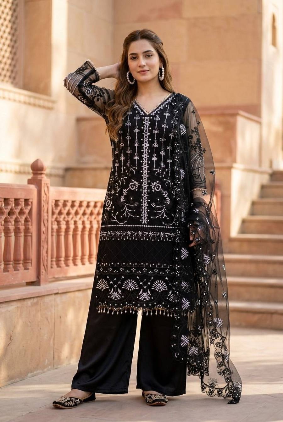 DESIGNER SOFT NET SEQUENCE WITH PEARL HAND WORK TOP PALAZZO WITH DUPATTA FESTIVE WEAR WHOLESALE PRICE ETHNIC GARMENT (3)