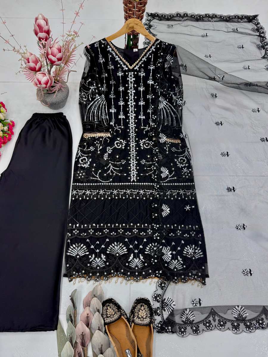 DESIGNER SOFT NET SEQUENCE WITH PEARL HAND WORK TOP PALAZZO WITH DUPATTA FESTIVE WEAR WHOLESALE PRICE ETHNIC GARMENT (4)