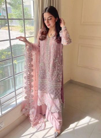 DESIGNER SOFT NET SEQUENCE WITH PEARL HAND WORK TOP PALAZZO WITH DUPATTA BABY PINK