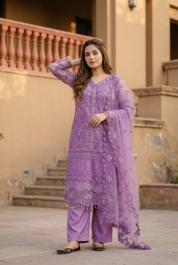 DESIGNER SOFT NET SEQUENCE WITH PEARL HAND WORK TOP PALAZZO WITH DUPATTA PURPLE