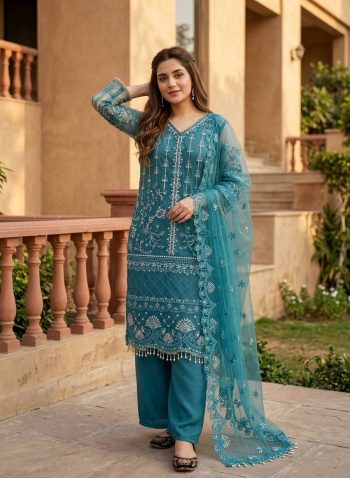 DESIGNER SOFT NET SEQUENCE WITH PEARL HAND WORK TOP PALAZZO WITH DUPATTA RAMA